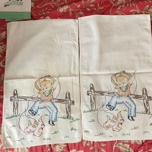 2 vintage embroidered double sided hand towels
